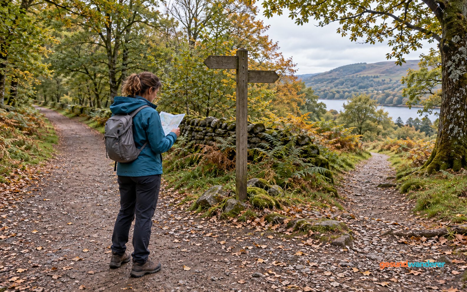 Wanderin prüft eine Papierkarte an einer Weggabelung im Herbstwald