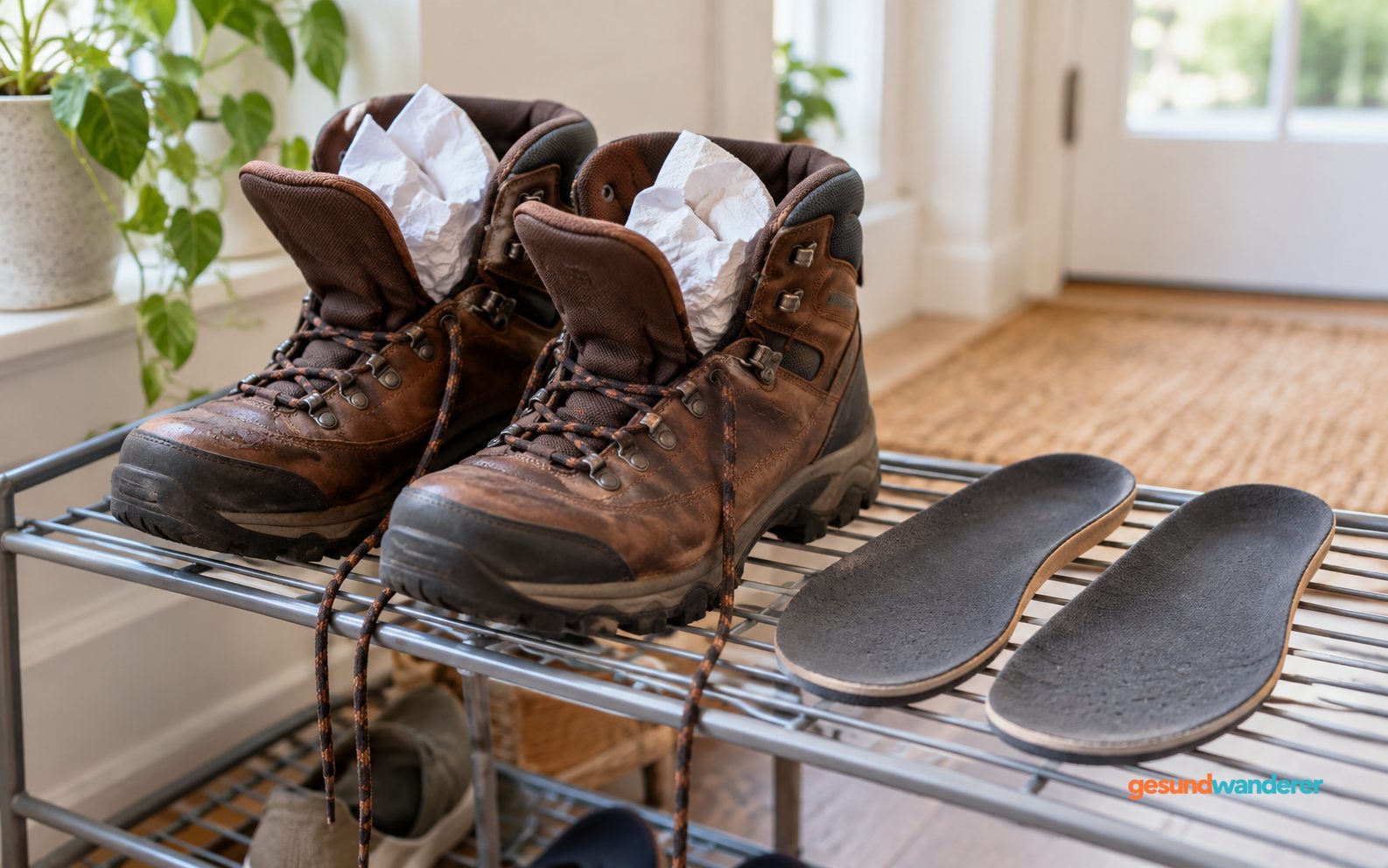Geöffnete Wanderschuhe mit unbedrucktem Papier und separat abgelegten Einlagen