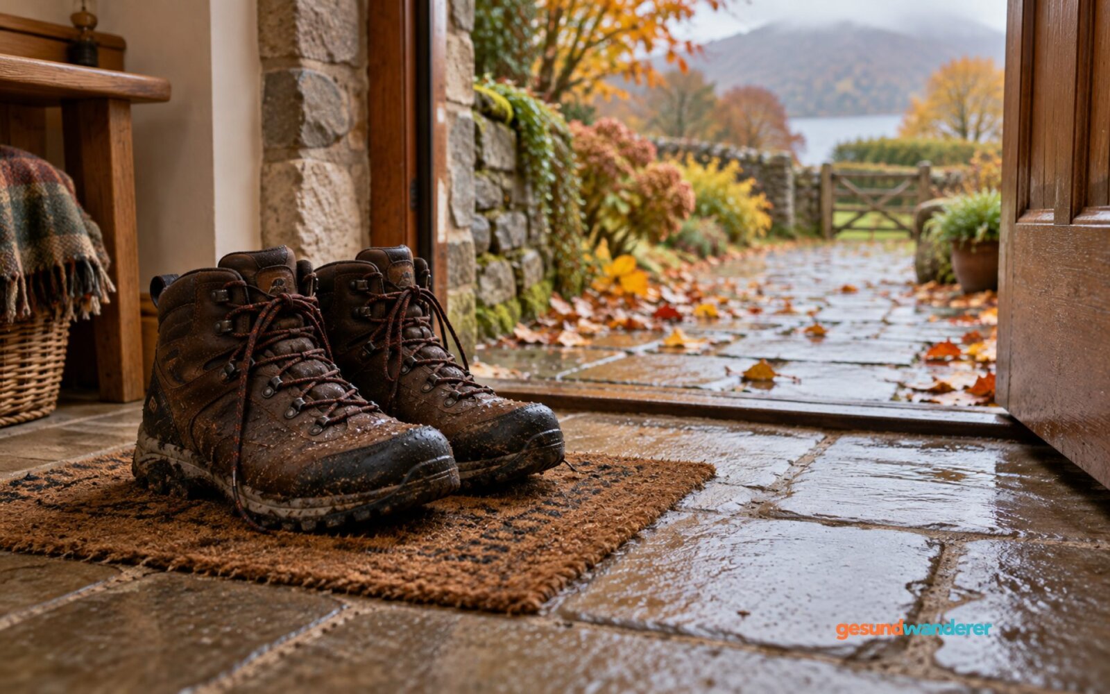 Regenfeuchte Wanderschuhe auf einer Fußmatte am offenen Hauseingang