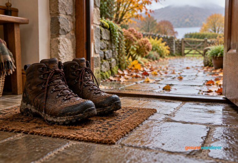 Regenfeuchte Wanderschuhe auf einer Fußmatte am offenen Hauseingang