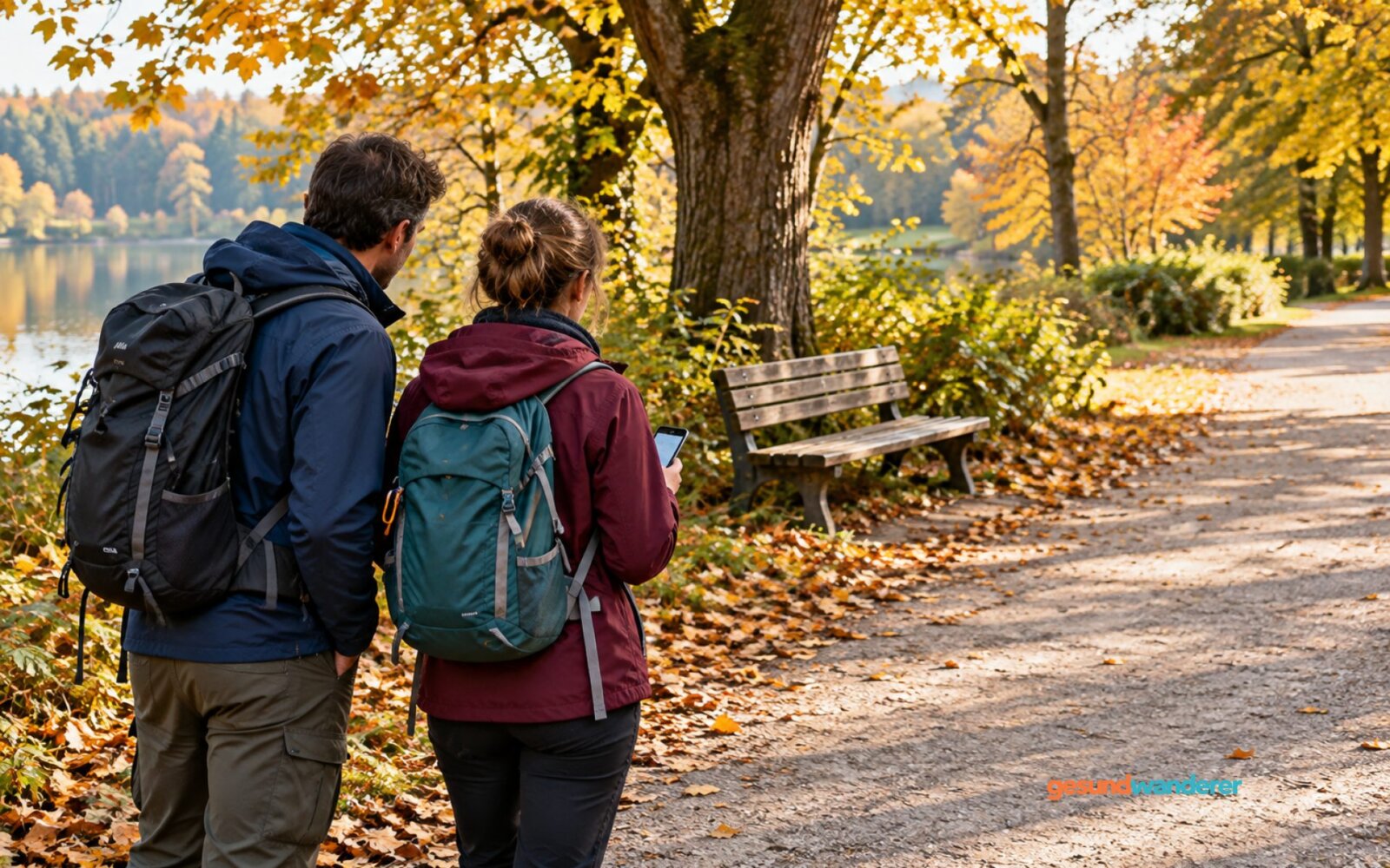 Zwei Wanderer mit Smartphone an einem herbstlichen Parkweg
