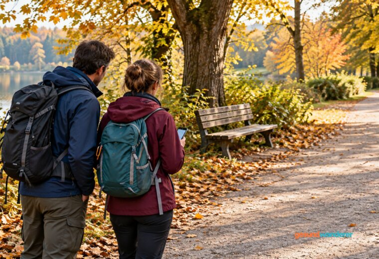 Zwei Wanderer mit Smartphone an einem herbstlichen Parkweg