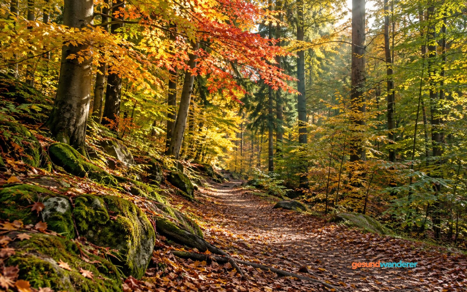 Waldweg unter gelb, orange und grün gefärbten Laubbäumen im Sonnenlicht