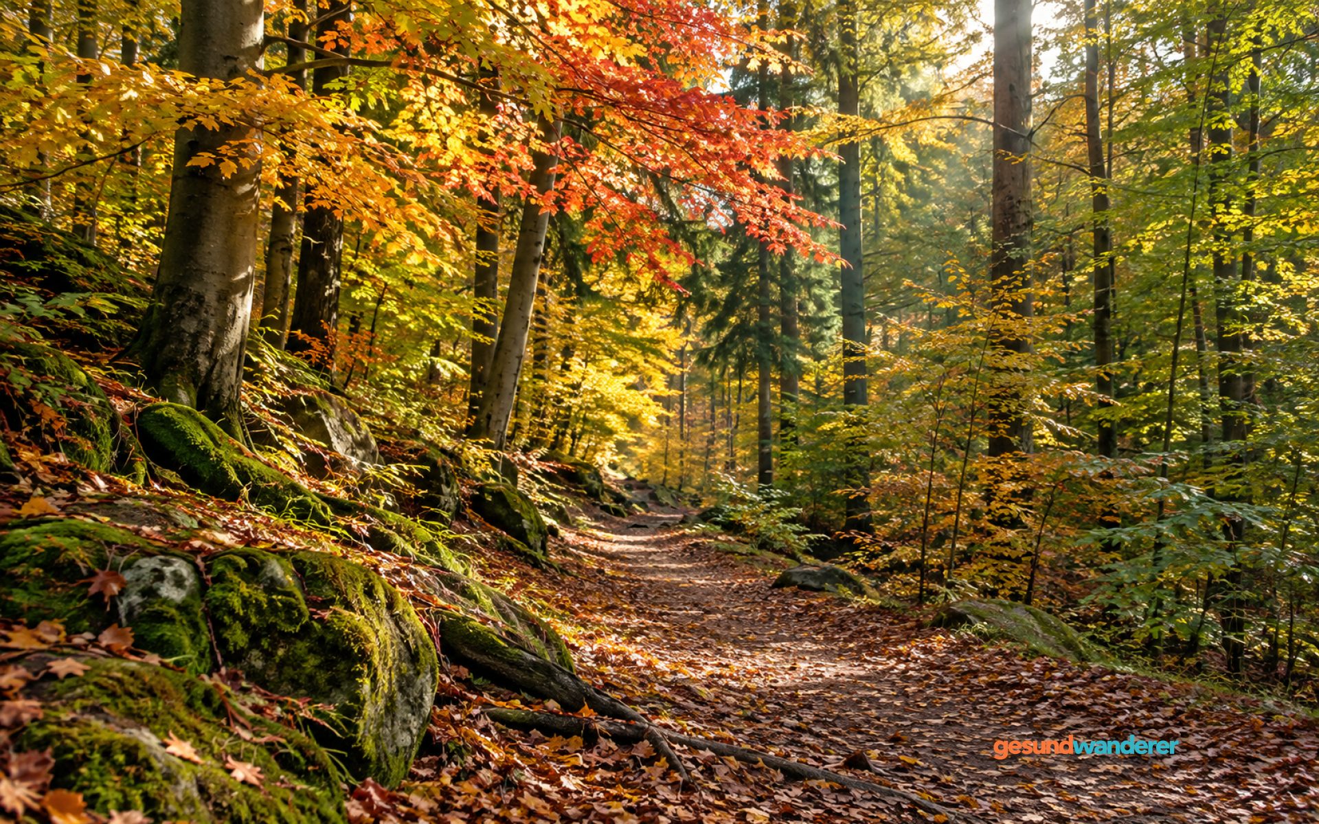 Waldweg unter gelb, orange und grün gefärbten Laubbäumen im Sonnenlicht