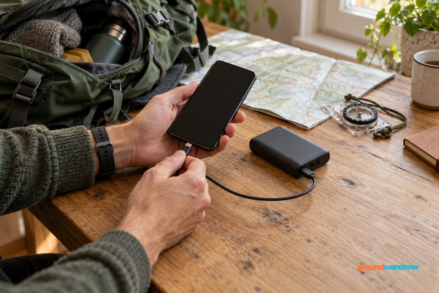 Smartphone, Powerbank, Wanderkarte und Kompass bei der Vorbereitung einer Herbsttour