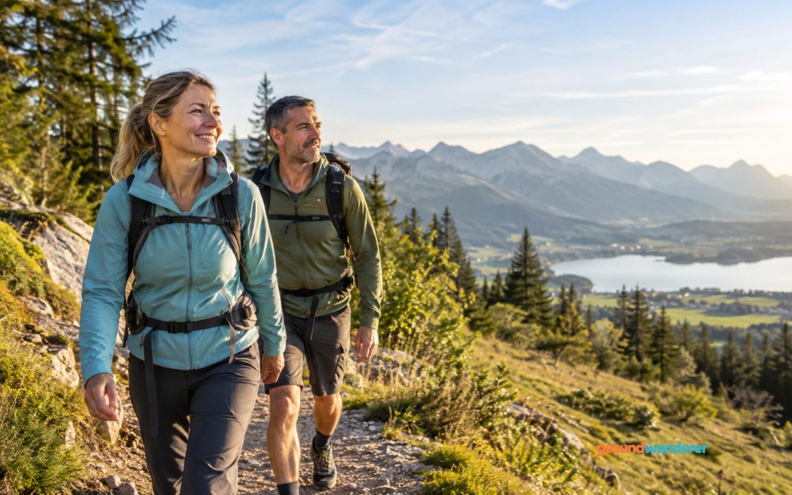 Frau und Mann ab 40 wandern auf einem Bergweg mit Blick auf Berge und See