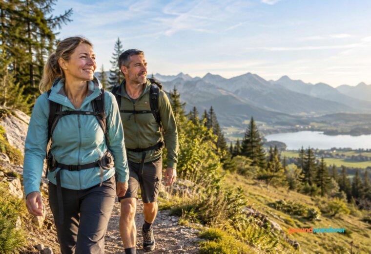 Frau und Mann ab 40 wandern auf einem Bergweg mit Blick auf Berge und See