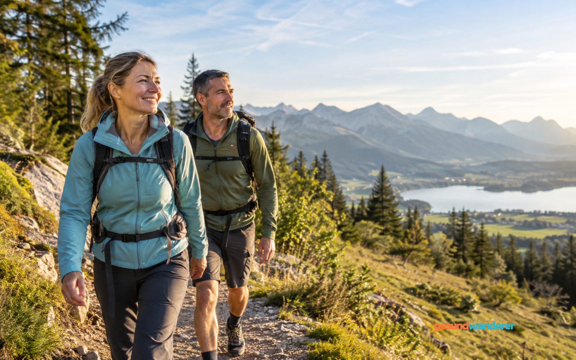 Frau und Mann ab 40 wandern auf einem Bergweg mit Blick auf Berge und See