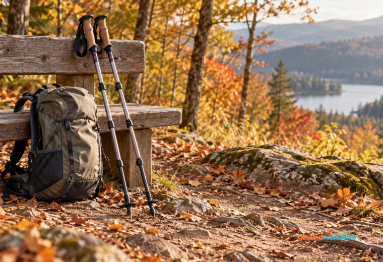 Zwei Trekkingstöcke und ein Rucksack an einer Bank in herbstlicher Landschaft