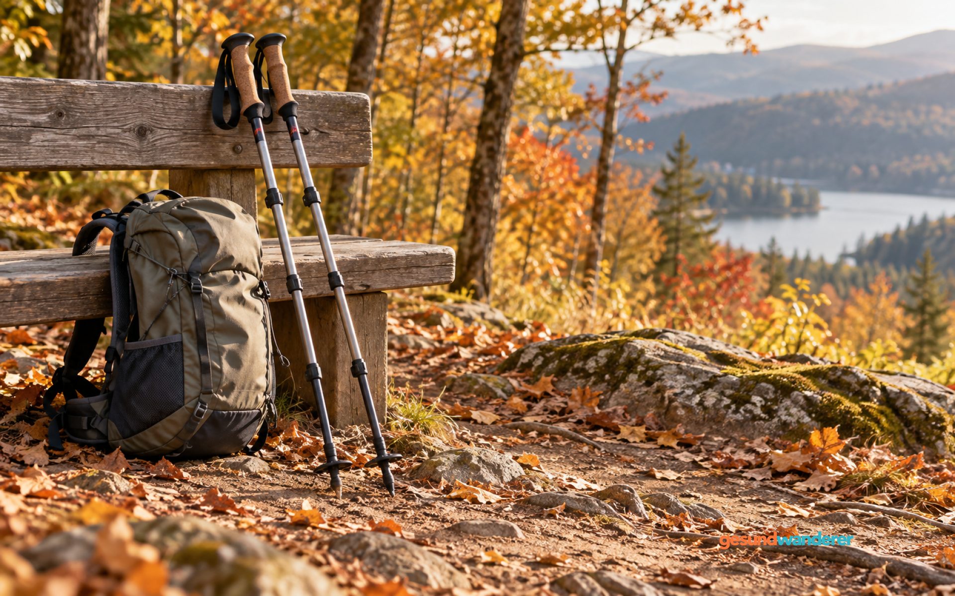 Zwei Trekkingstöcke und ein Rucksack an einer Bank in herbstlicher Landschaft
