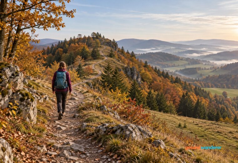 Wanderin auf einem ansteigenden Pfad in einer herbstlichen Hügellandschaft