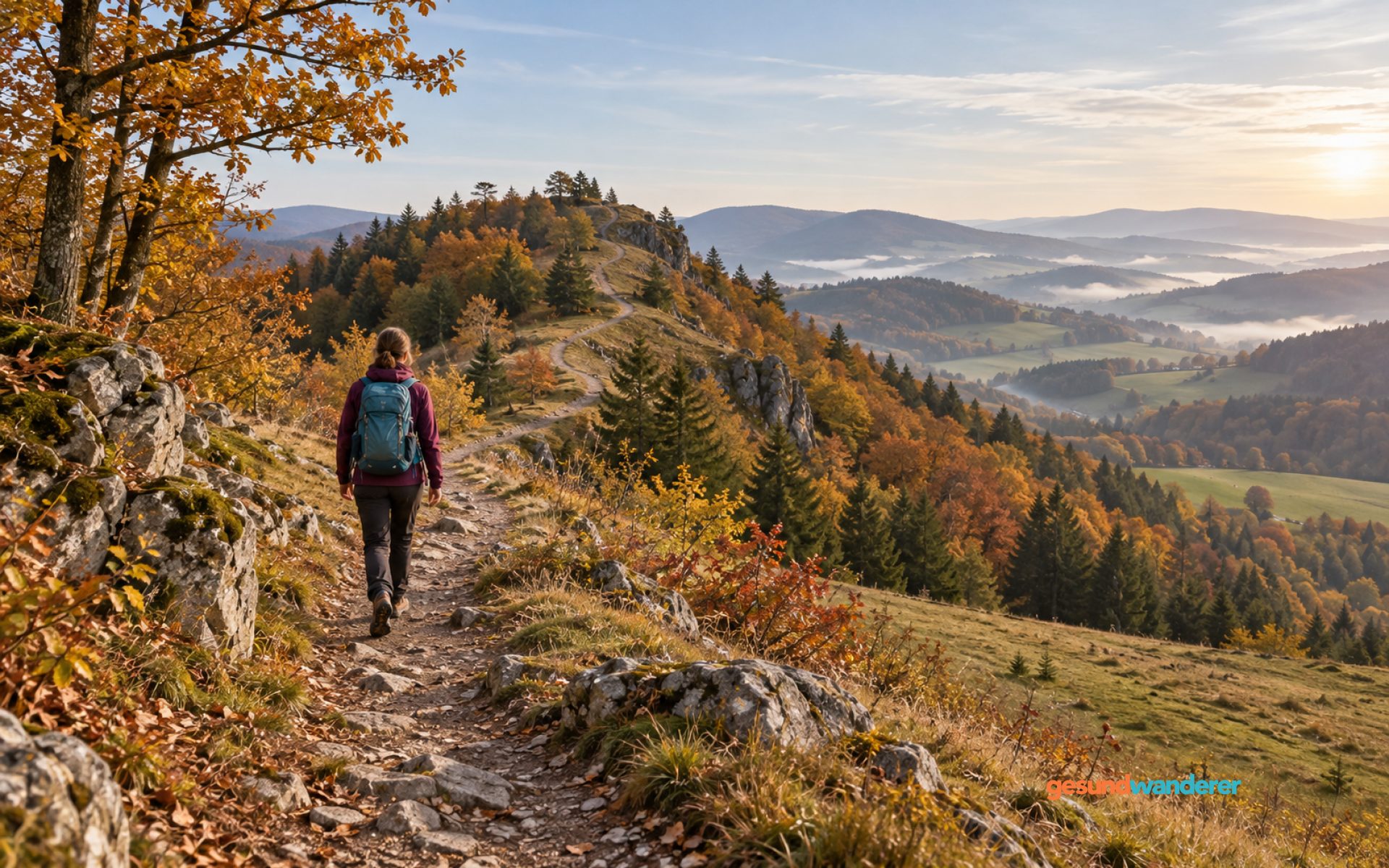 Wanderin auf einem ansteigenden Pfad in einer herbstlichen Hügellandschaft