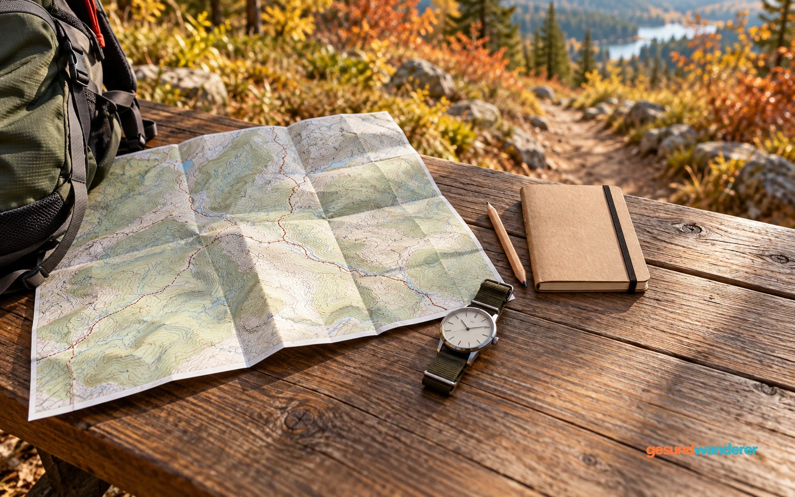 Karte, Armbanduhr, Notizbuch und Bleistift auf einem Holztisch